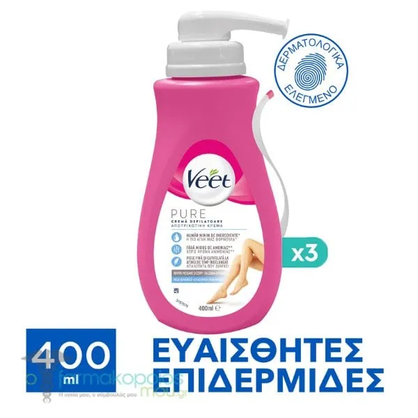 3x Veet Pure Depilatory Body Cream for Sensitive Skin, 3x400ml