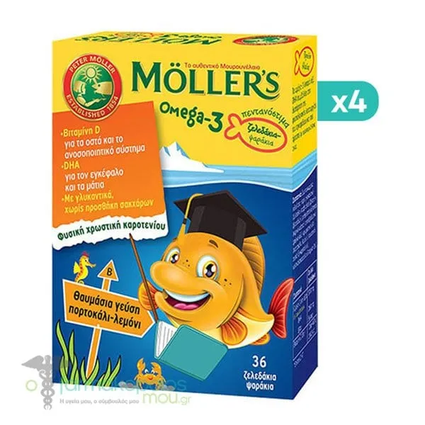 4 x Moller's Omega-3 Jelly Fish Orange-Lemon, 4 x 36gummies