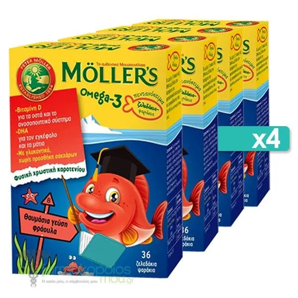 4 x Moller's Omega-3 Jelly Fish Strawberry, 4 x 36gummies