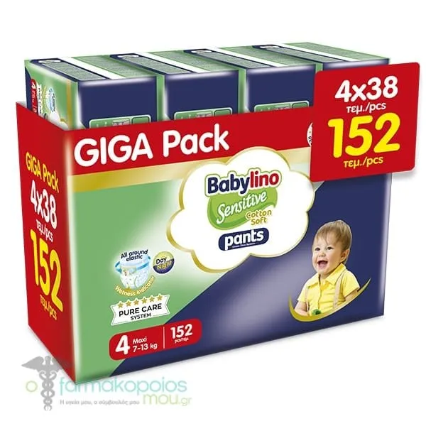 4x Babylino Giga Pack Sensitive Cotton Soft Pants Βρεφικές Πάνες Νο4 (7-13kg), (4x38τεμ) 152τεμ