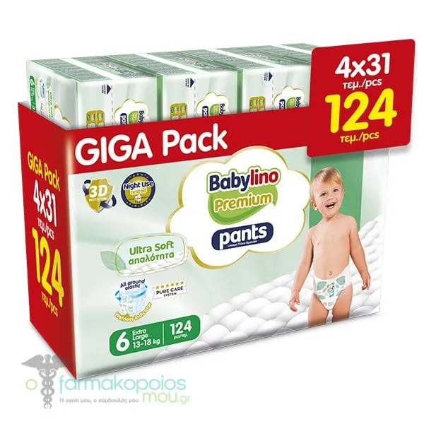 4x Babylino Premium Giga Pack Pants Ultra Soft Βρεφικές Πάνες - Βρακάκι No6 (13-18kg), (4x31τεμ) 124τεμ