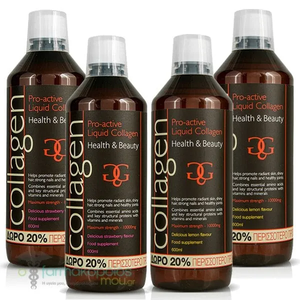 4x Collagen Pro-Active Liquid Collagen Lemon, 2x600ml & Strawberry, 2x600ml