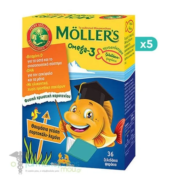 5 x Moller's Omega-3 Jelly Fish Orange-Lemon, 5 x 36gummies