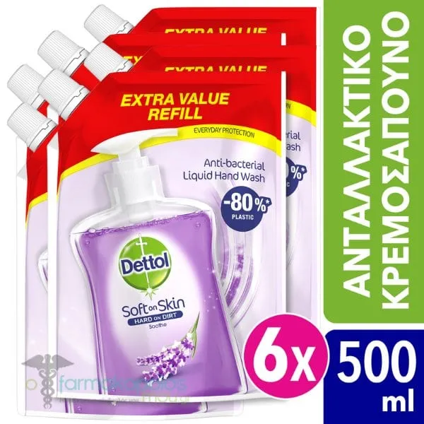 6 x Dettol Antibacterial Liquid Hand Wash Soothe Lavender & White Musk Refill Pouch, 6 x 500ml