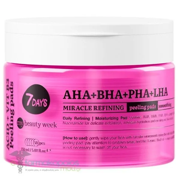 7days My Beauty Week Refining Peeling Pads AHA &amp; BHA &amp; PHA &amp; LHA Απολεπιστικά Δισκία Δύο Όψεων με Σύμπλεγμα 4 Οξέων, 50τεμ, 150ml