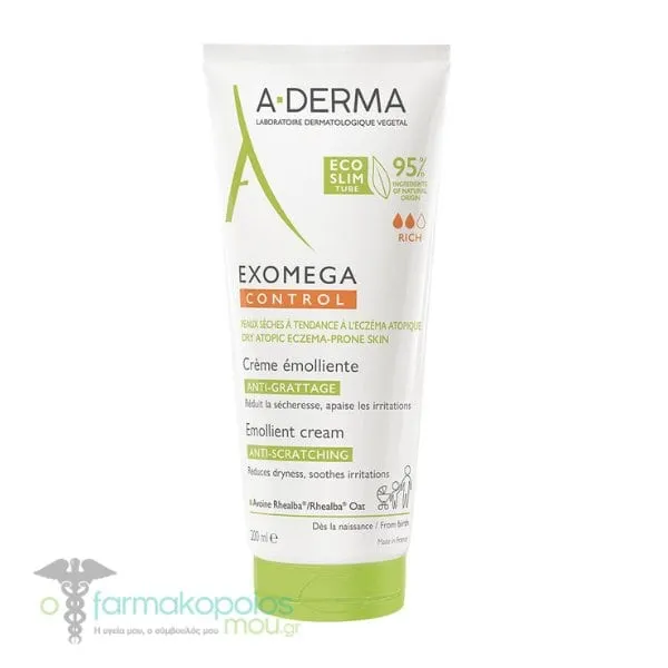 A-Derma Exomega Control Anti-Scratching Emollient Cream Μαλακτική Κρέμα Προσώπου & Σώματος Ενάντια στον Κνησμό, 200ml