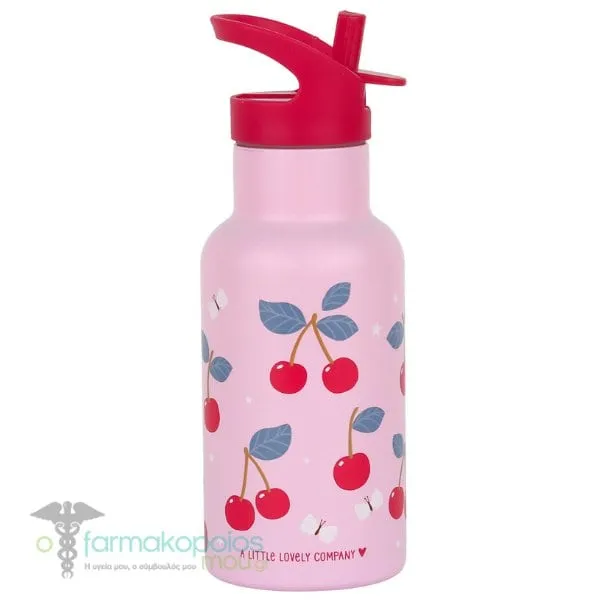 A Little Lovely Company Drink Bottle Θερμός-Μπουκάλι με Καλαμάκι & Διπλό Τοίχωμα από Ανοξείδωτο Ατσάλι, 350ml - Cherries