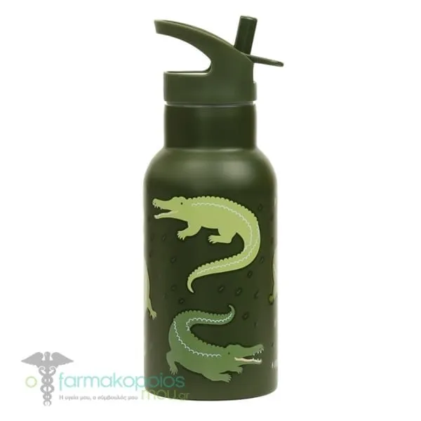 A Little Lovely Company Drink Bottle Θερμός-Μπουκάλι με Καλαμάκι & Διπλό Τοίχωμα από Ανοξείδωτο Ατσάλι, 350ml - Crocodiles