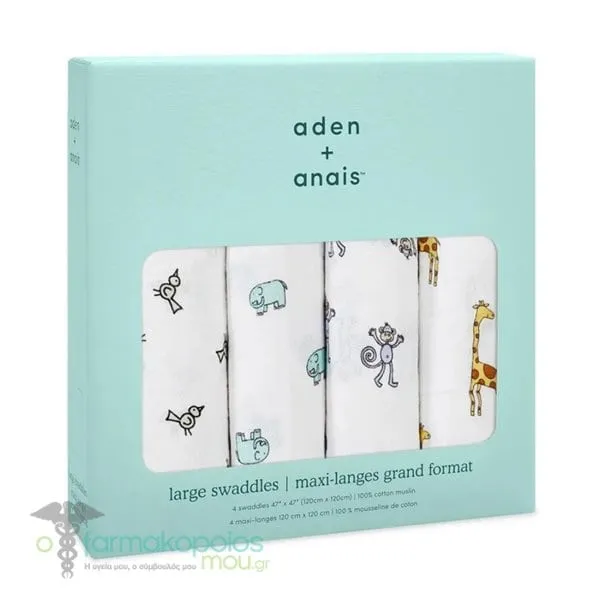 Aden + Anais Boutique Cotton Muslin Swaddles Jungle Jam, 4pcs