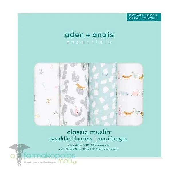 Aden + Anais Essentials Cotton Muslin Swaddles Alphabet Animals, 4pcs