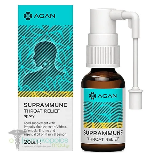 Agan Suprammune Throat Relief Σπρέι για τον Ερεθισμένο Λαιμό για την Αντιμετώπιση Πονόλαιμου, Βραχνάδας & Ξηρότητας, 20ml