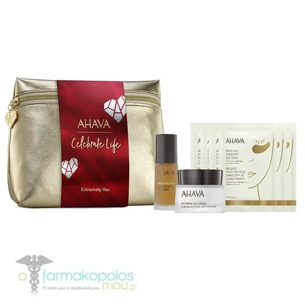 Ahava Promo Celebrate Life Extremely You with Extreme Day Creme, 50ml, Extreme Night Treatment, 30ml, Dead Sea Osmoter Eye Mask, 6x4gr & Free Beauty Pouch, 1pcs, 1set