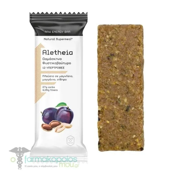 Aletheia Raw Energy Bar Ενεργειακή Μπάρα με Δαμάσκηνο &amp; Φυστικοβούτυρο, 50g