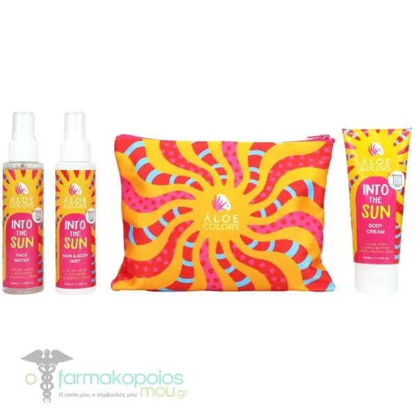 Aloe Colors Into The Sun Promo with Hair & Body Mist, 100ml, Body Cream, 100ml, Face Water, 100ml & Cosmetic Bag, 1set