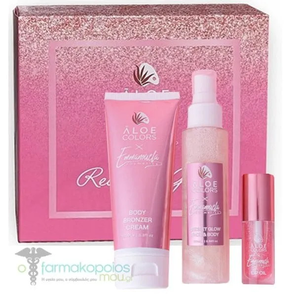 Aloe Colors x Emmanouela Cosmetics Ready to Glow Set with Body Bronzer Cream, 100ml, Secret Glow Face & Body Spray, 100ml & Lip Oil, 10ml, 1set