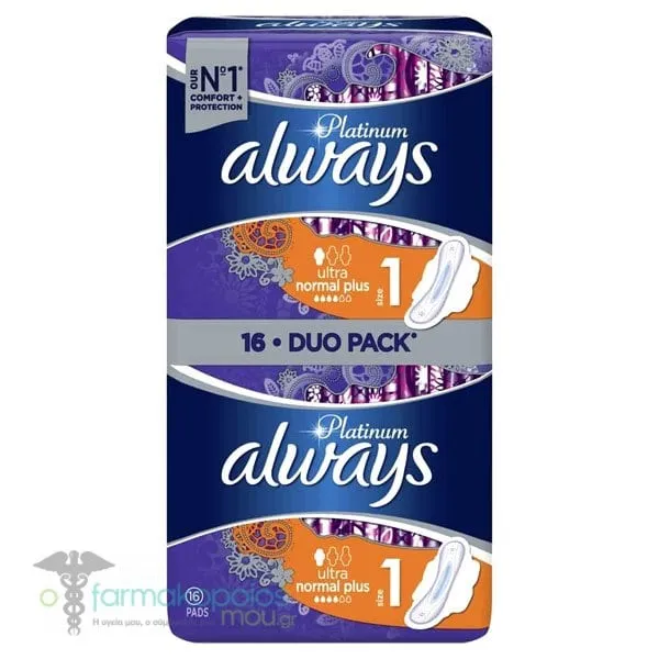 Always Duo Pack Platinum Ultra Normal Plus Size 1 Sanitary Napkins with Wings, 16pcs