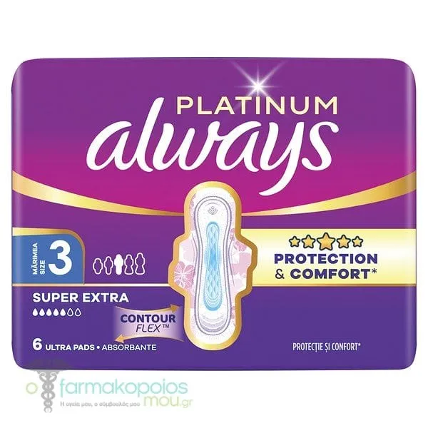 Always Ultra Platinum Super Extra Size 3 Σερβιέτες με Φτερά, 6τεμ