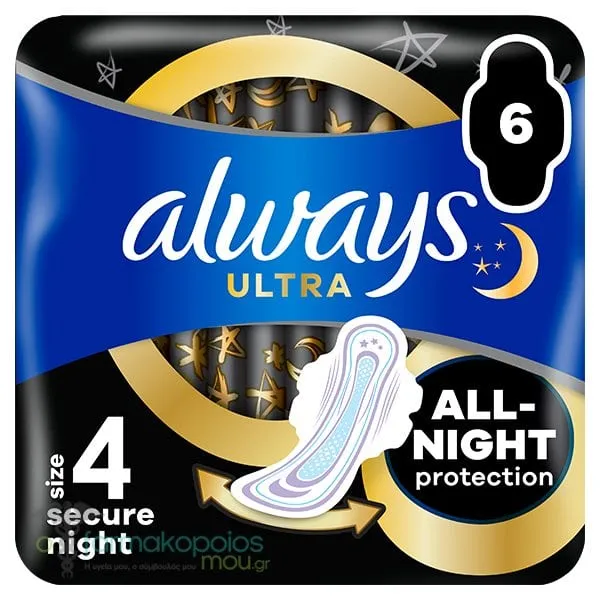 Always Ultra Secure Night Σερβιέτες με Φτερά (Μέγεθος 4), 6τεμ