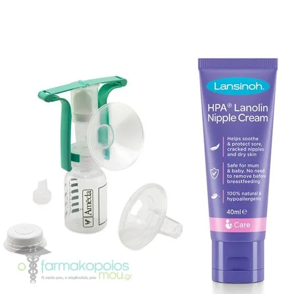 Ameda One Hand Manual Breast Pump, 1pcs & Lansinoh HPA Lanolin Nipple Cream for Irritated Nipples, 40ml, 1pcs, 1set