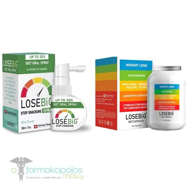 Amhes Pharma Promo Pack with Losebig Diet Oral Spray Stop Snacking Mint, 30ml & Diet Capsules, 90caps, 1set