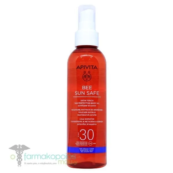 Apivita Bee Sun Safe Satin Touch Tan Perfecting Body Oil SPF30 with 
Sunflower & Carrot, 200ml