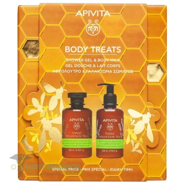 Apivita Body Treats Promo with Tonic Mountain Tea Shower Gel, 250ml & Tonic Mountain Body Milk, 200ml, 1set