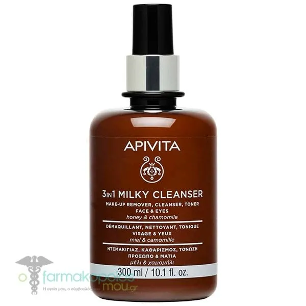 Apivita Cleansing Milk 3 in 1 with Chamomile & Honey for Face & Eyes, 300ml