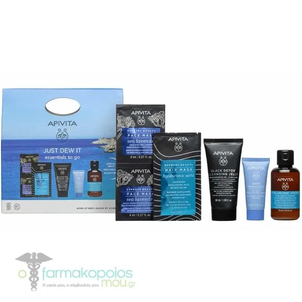 Apivita Just Dew It Essentials to Go Travel Set with Aqua Beelicious Hydrating Gel-Cream, 15ml, Black Detox Cleansing Gel, 50ml, Express Beauty Face Mask, 2x8ml, Hyalouronic Hydra Shampoo, 75ml & Express Beauty Hair Mask, 20ml, 1set
