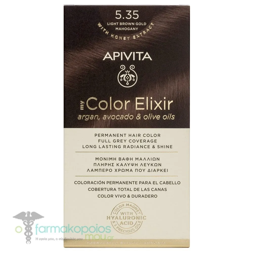 Apivita My Color Elixir Μόνιμη Βαφή Μαλλιών No 5.35 Καστανό Ανοιχτό Μελί Μαονί, 1 τεμάχιο