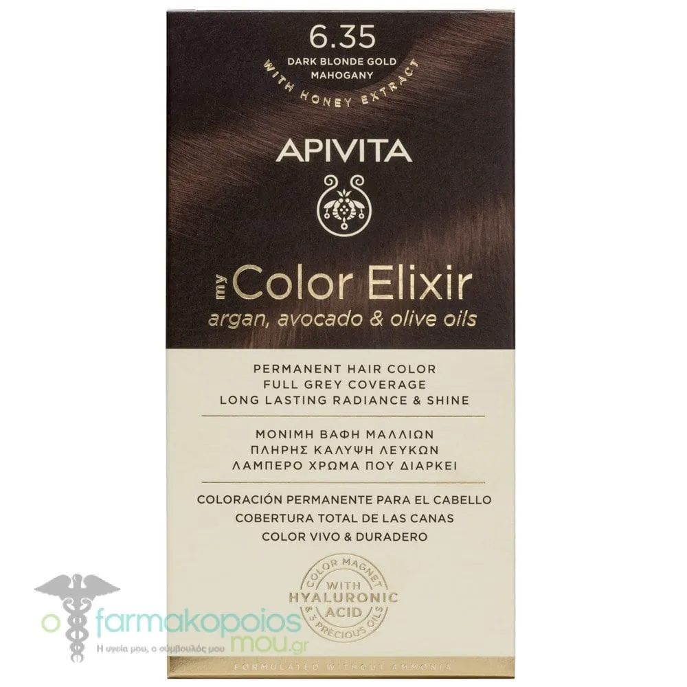 Apivita My Color Elixir Μόνιμη Βαφή Μαλλιών No 6.35 Ξανθό Σκούρο Μελί Μαονί, 1 τεμάχιο