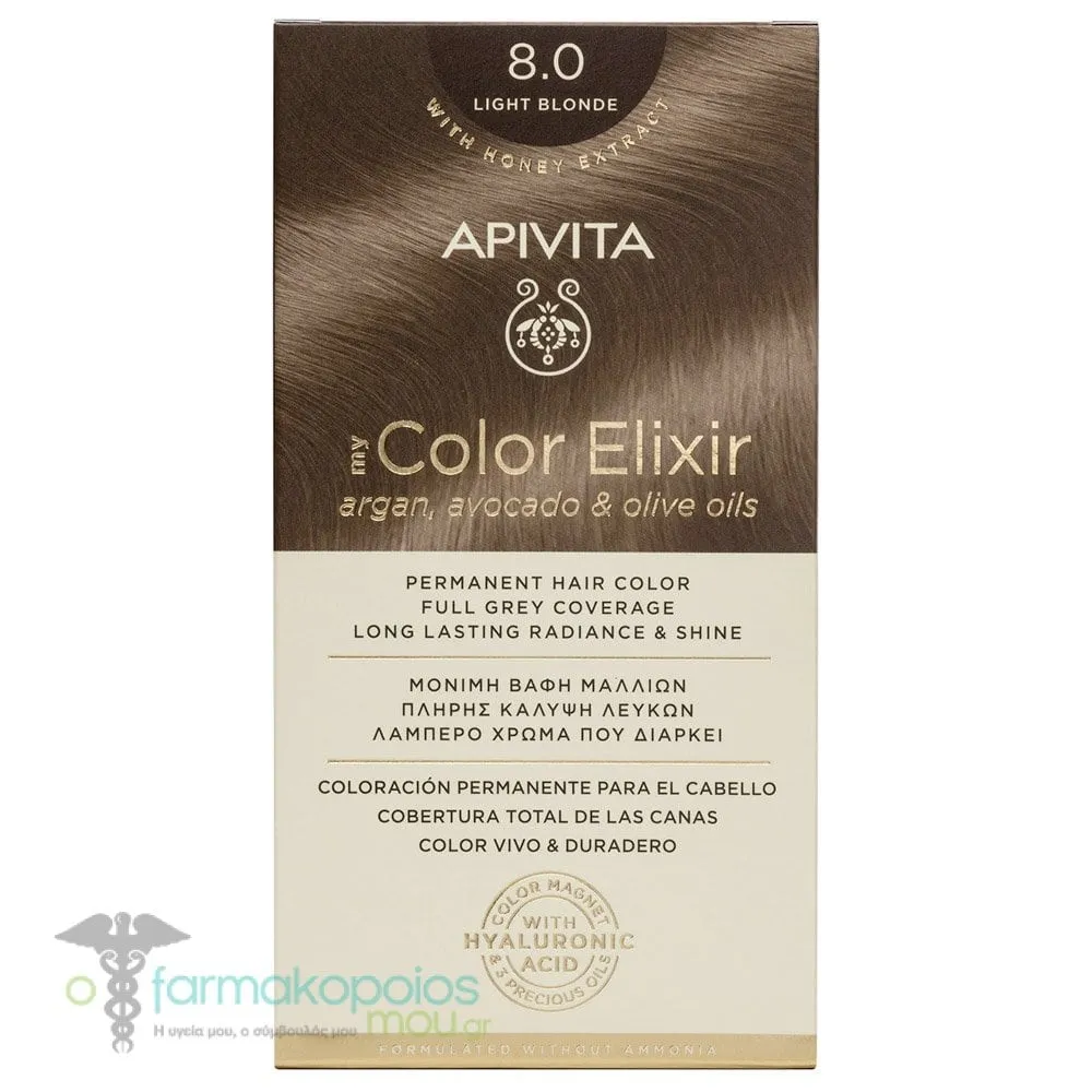 Apivita My Color Elixir Μόνιμη Βαφή Μαλλιών No 8.0 Ξανθό Ανοιχτό, 1 τεμάχιο