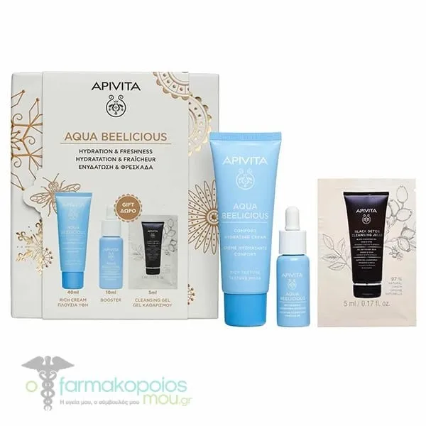 Apivita Promo Aqua Beelicious Routine Comfort Hydrating Cream, 40ml, Refreshing Hydrating Booster, 10ml & Free Black Detox Cleansing Jelly, 5ml, 1set