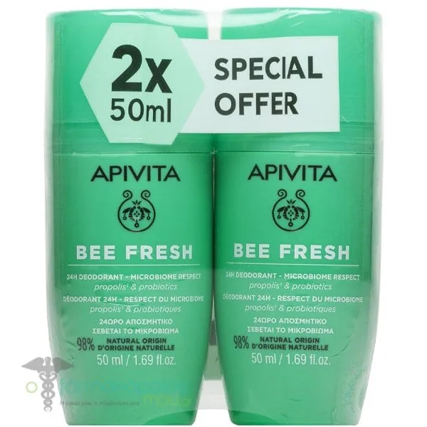 Apivita Promo Bee Fresh 24H Action Roll On Deodorant, 2x50ml