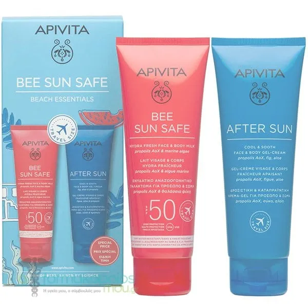 Apivita Promo Bee Sun Safe Beach Essentials Hydra Fresh Face & Body Milk SPF50, 100ml & After Sun Cool & Sooth Face & Body Gel Cream, 100ml, 1set