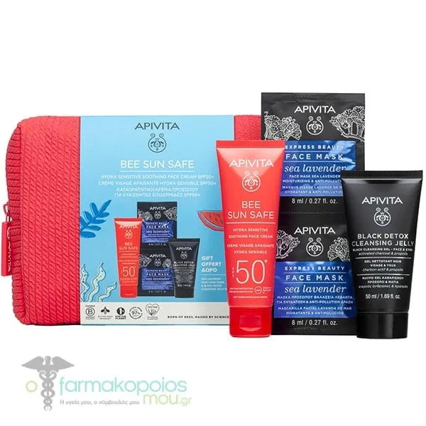 Apivita Promo Bee Sun Safe Hydra Sensitive Soothing Face Cream SPF50+, 50ml & Black Detox Cleansing Jelly, 50ml & Express Beauty Face Mask Sea Lavender, 2x8ml, 1set
