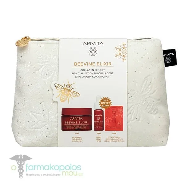 Apivita Promo Beevine Elixir with Wrinkle & Firm Lift Rich Cream, 50ml & Free Lift Serum, 10ml, Wrinkle & Lift Eyes & Lips Cream, 1.5ml & Beauty Pouch, 1pcs, 1set