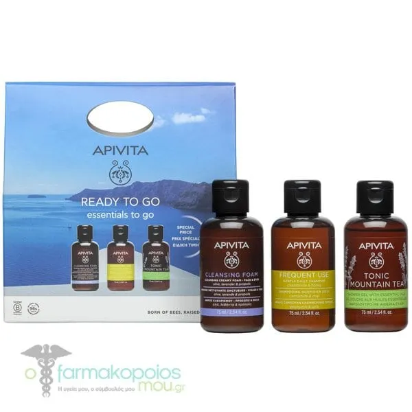 Apivita Promo Essentials Ready To Go Travel Set with Frequent Use Gentle Daily Shampoo, 75ml, Tonic Mountain Tea Shower Gel, 75ml & Cleansing Creamy Foam Face & Eyes, 75ml, 1set