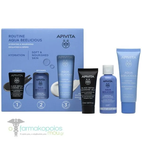 Apivita Promo Αqua Beelicious Hydrating & Nourishing with Αqua Beelicious Comfort Hydrating Rich Cream, 40ml & Free Αqua Beelicious Hydrating & Perfecting Toner, 50ml & Black Dettox Cleansing Jelly, 15ml, 1set