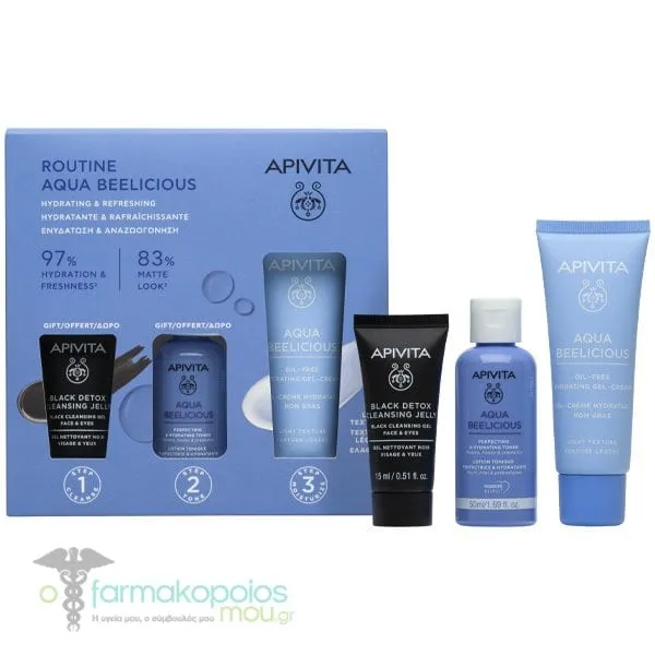 Apivita Promo Αqua Beelicious Hydrating & Refreshing with Αqua Beelicious Hydrating Gel-Cream, 40ml & Free Αqua Beelicious Hydrating & Perfecting Toner, 50ml & Black Dettox Cleansing Jelly, 15ml, 1set