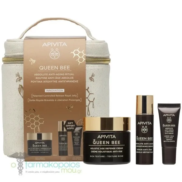 Apivita Promo Queen Bee Absolute Anti-Aging Ritual with Queen Bee Anti-Aging Rich Texture Cream, 50ml & Free Queen Bee Anti-Aging Serum, 10ml, Eye Cream, 5ml & Beauty Pouch, 1pc, 1set