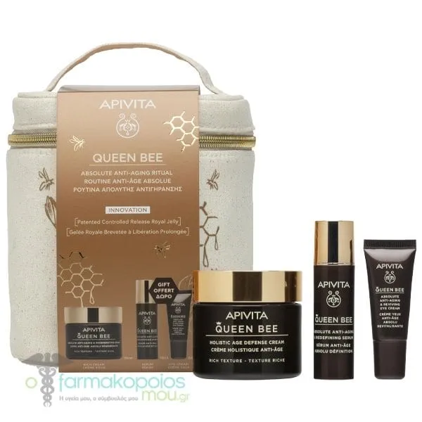 Apivita Promo Queen Bee Absolute Anti-Aging Ritual with Queen Bee Anti-Aging Light Texture Cream, 50ml & Free Queen Bee Anti-Aging Serum, 10ml, Eye Cream, 5ml & Beauty Pouch, 1pc, 1set