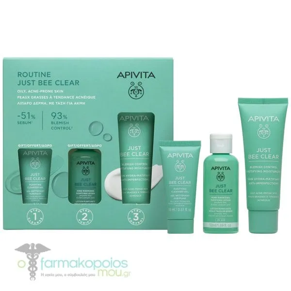 Apivita Promo Routine Just Bee Clear με Just Bee Clear Κρέμα κατά των Ατελειών, 40ml & Δώρο Just Bee Clear Λοσιόν Σύσφιξης Πόρων, 50ml & Gel Καθαρισμού Προσώπου, 15ml, 1σετ