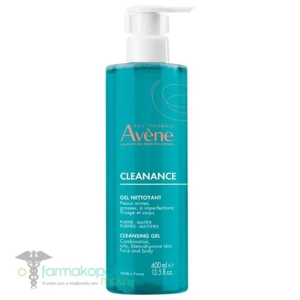 Avene Cleanance Gel Τζελ Καθαρισμού Προσώπου &amp; Σώματος για Μικτή, Λιπαρή ή με Τάση Ακμής Επιδερμίδα, 400ml