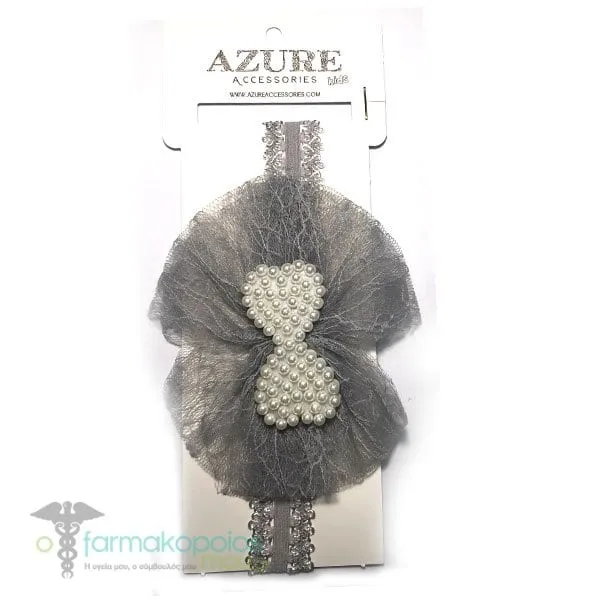 Azure Kids Hair Band with Tulle & Pearl Bow, 1pc (MA-0023) - Γκρί
