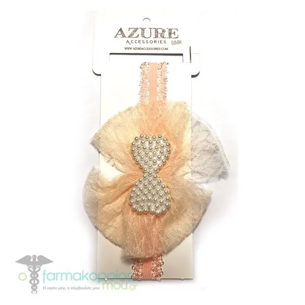 Azure Kids Hair Band with Tulle & Pearl Bow, 1pc (MA-0023) - Σομόν