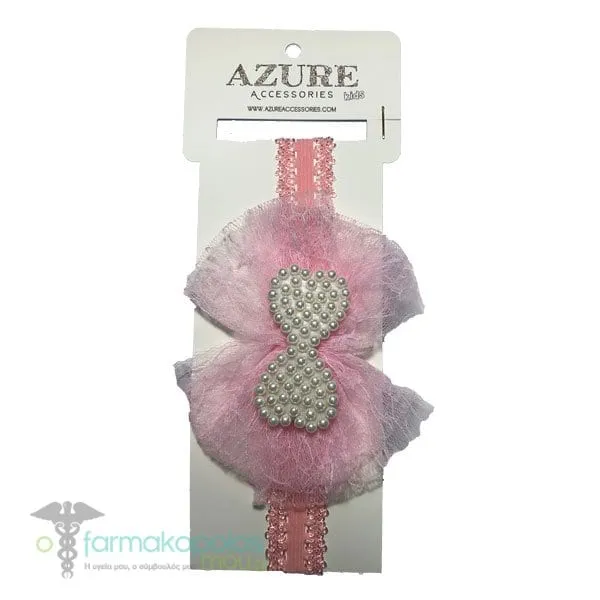 Azure Kids Hair Band with Tulle & Pearl Bow, 1pc (MA-0023) - Ρόζ