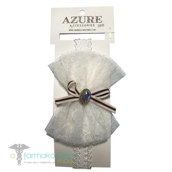Azure Kids Hair Band with Tulle & Stone Pearl, 1pc (MA-0024) - 008 Λευκό