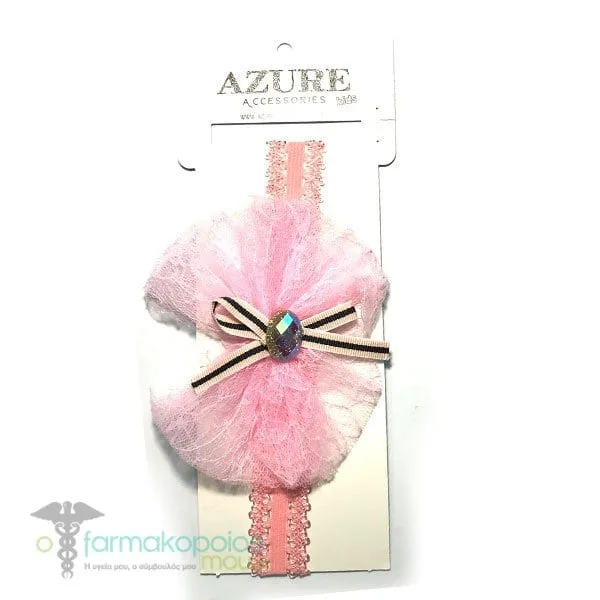 Azure Kids Hair Band with Tulle & Stone Pearl, 1pc (MA-0024) - Ρόζ