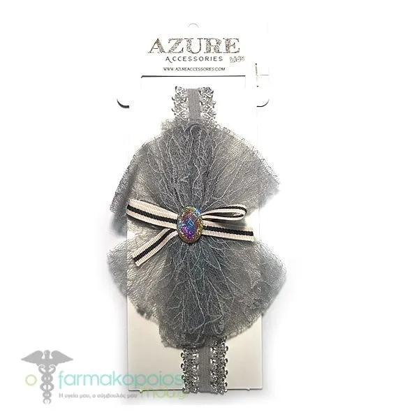 Azure Kids Hair Band with Tulle & Stone Pearl, 1pc (MA-0024) - Γκρί