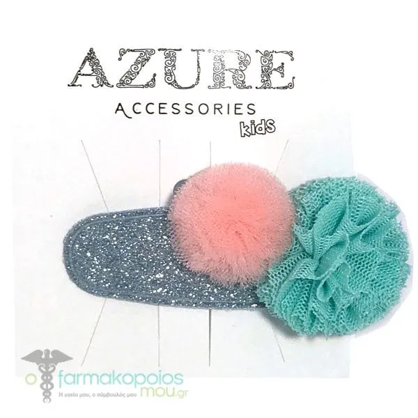 Azure Kids Click Clack Hair Accessory with Glitter & Pom Pom, 1pc (RA-0078) - Γαλάζιο